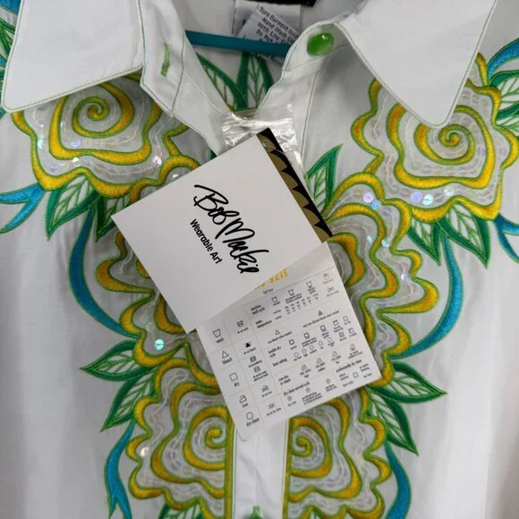 NWT Bob Mackie Wearable Art Top White Sz 1X Button Up Flower Embroidered Sequins - Picture 3 of 16